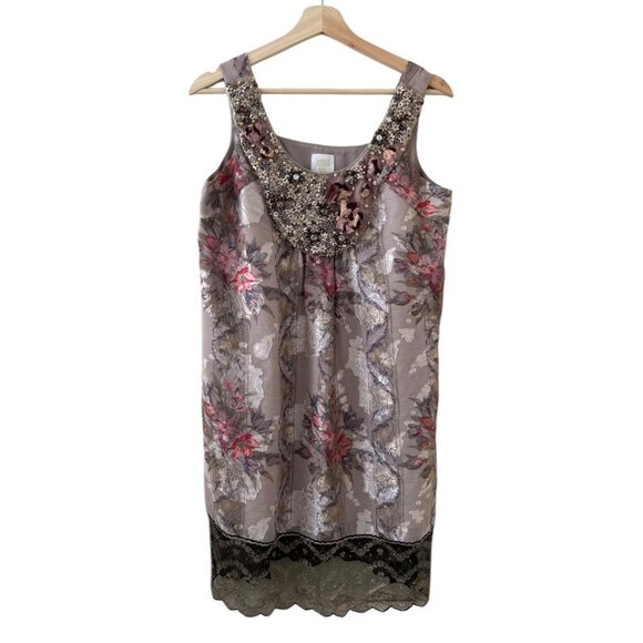 Anna Sui Floral Beaded‎ Lace Trim Jacquard Shift Dress Multicolor 6 Boho Artsy - Picture 1 of 14